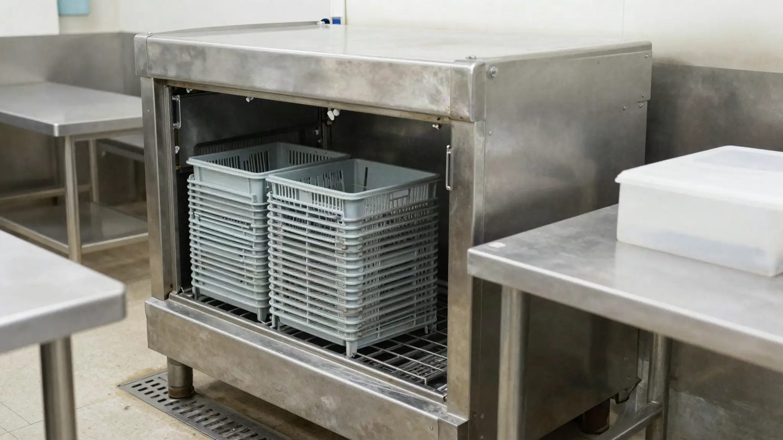 A pass-through dish machine and dish racks in a warewashing area