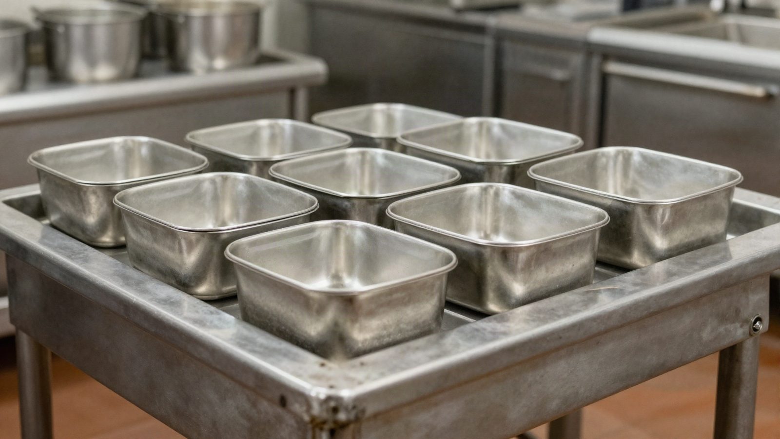 A steam table holding stainless pans on a service line