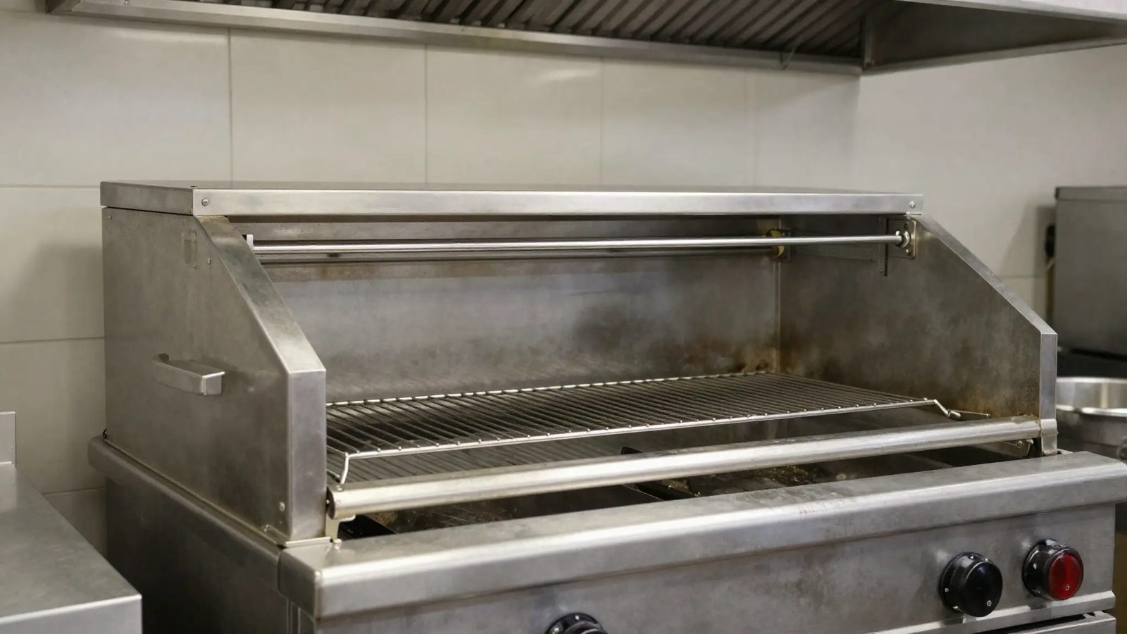 A salamander broiler mounted above a commercial range