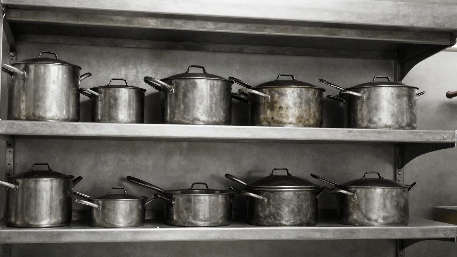 A stainless wall shelf stacked with pots and pans