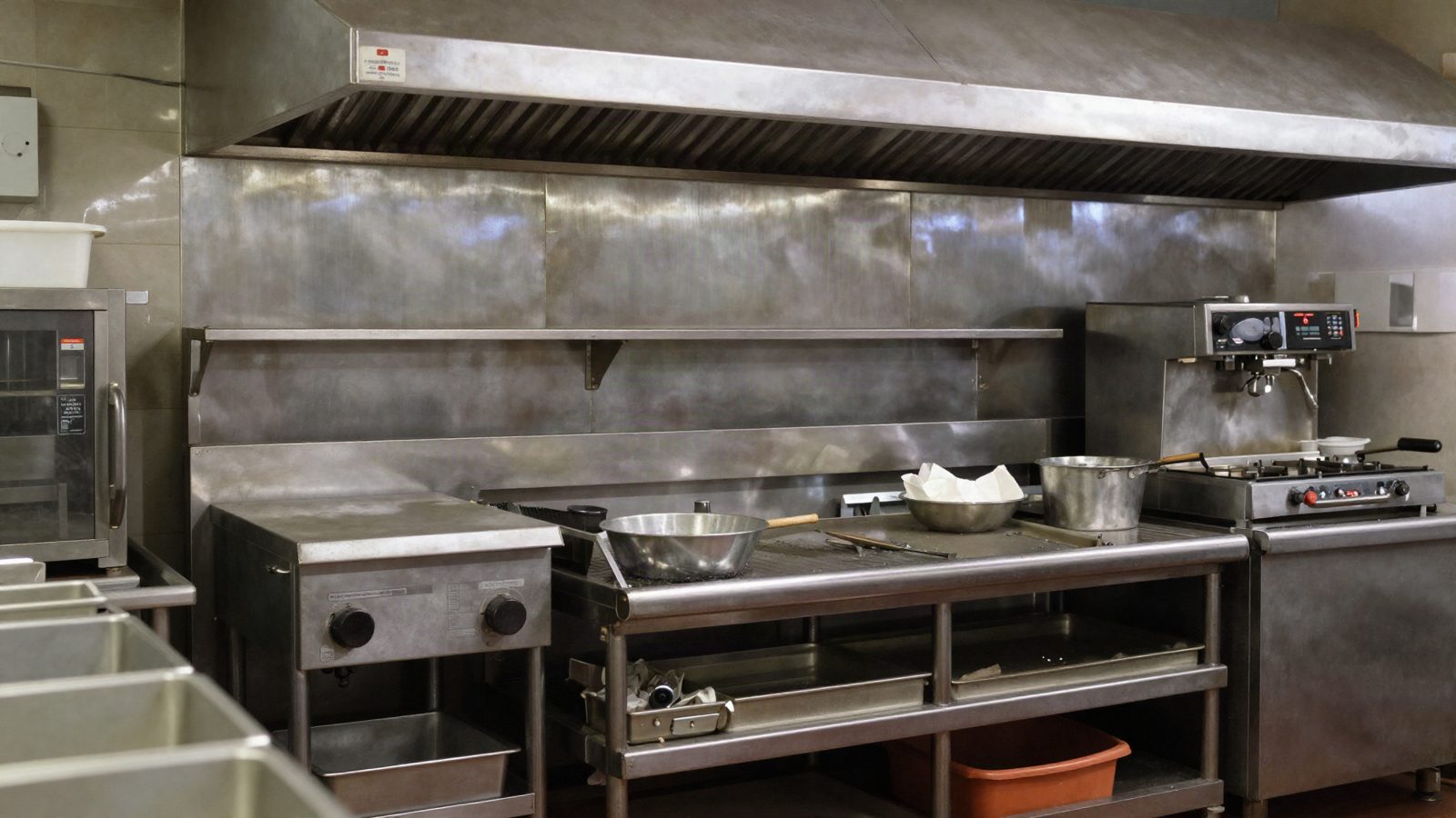 A commercial kitchen line after close, equipment cleaned down