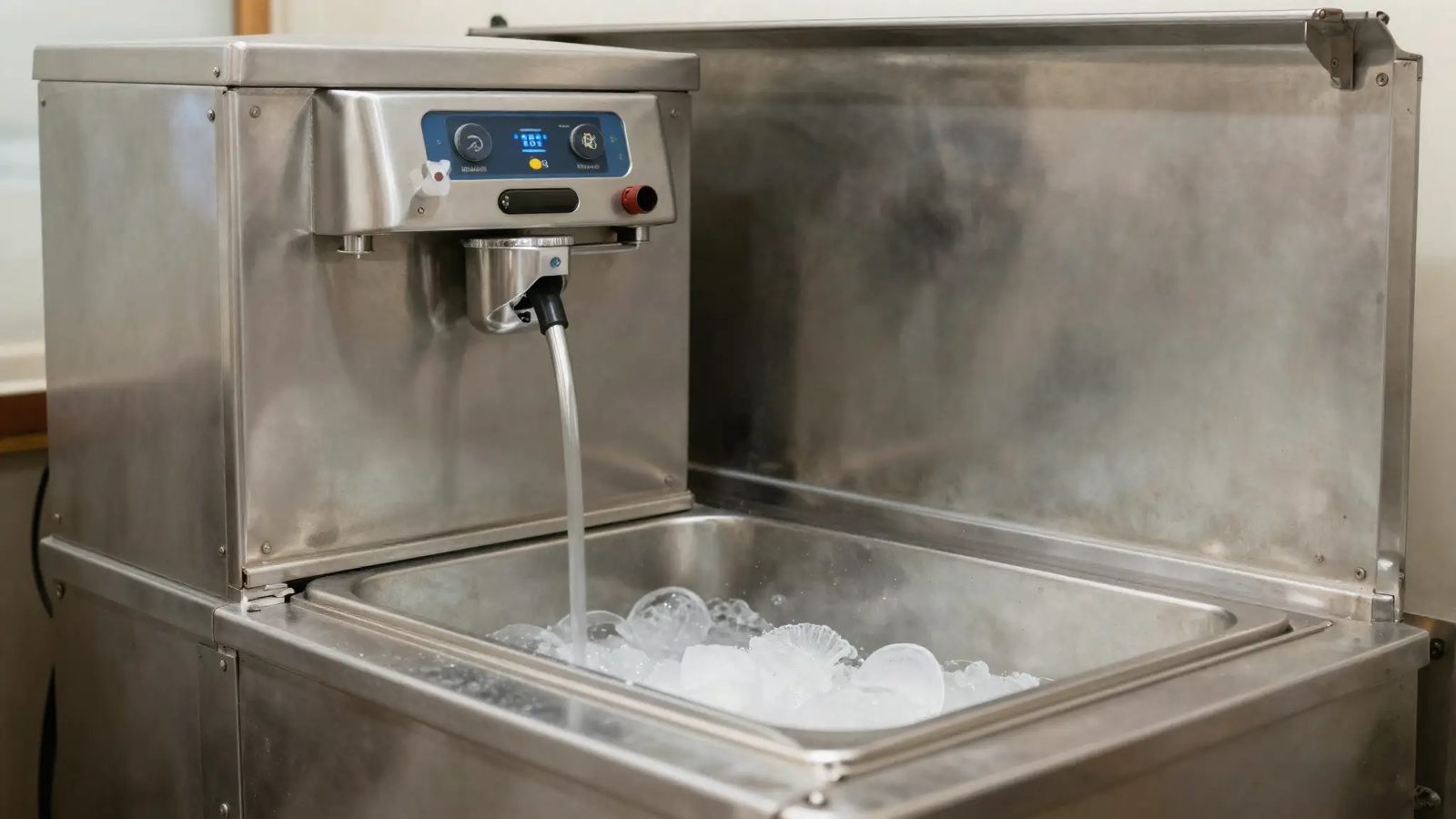A commercial ice machine with its storage bin open