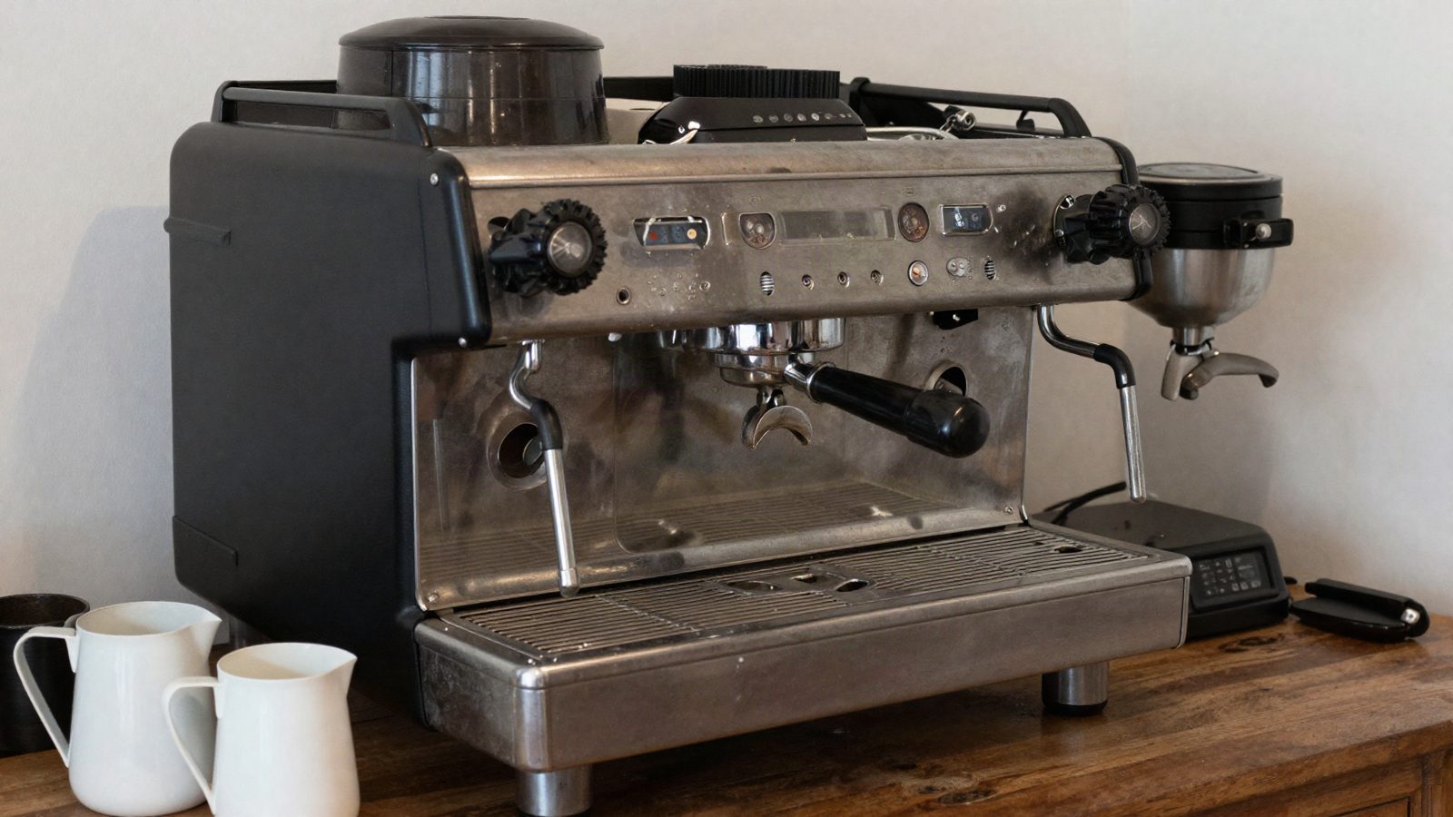 An espresso machine on a cafe counter with pitchers beside it