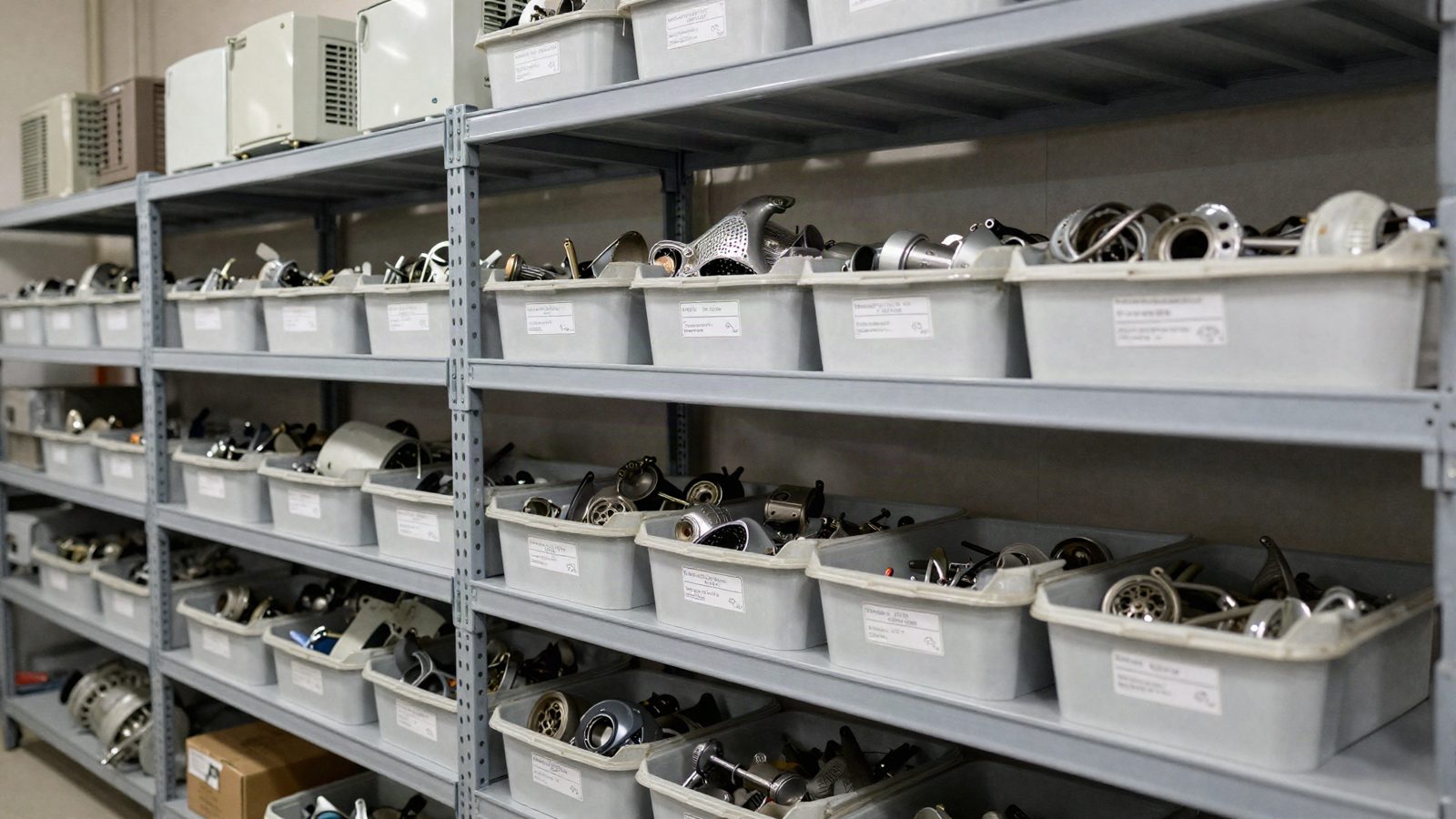Metal shelving with labelled bins of spare parts in a service company store