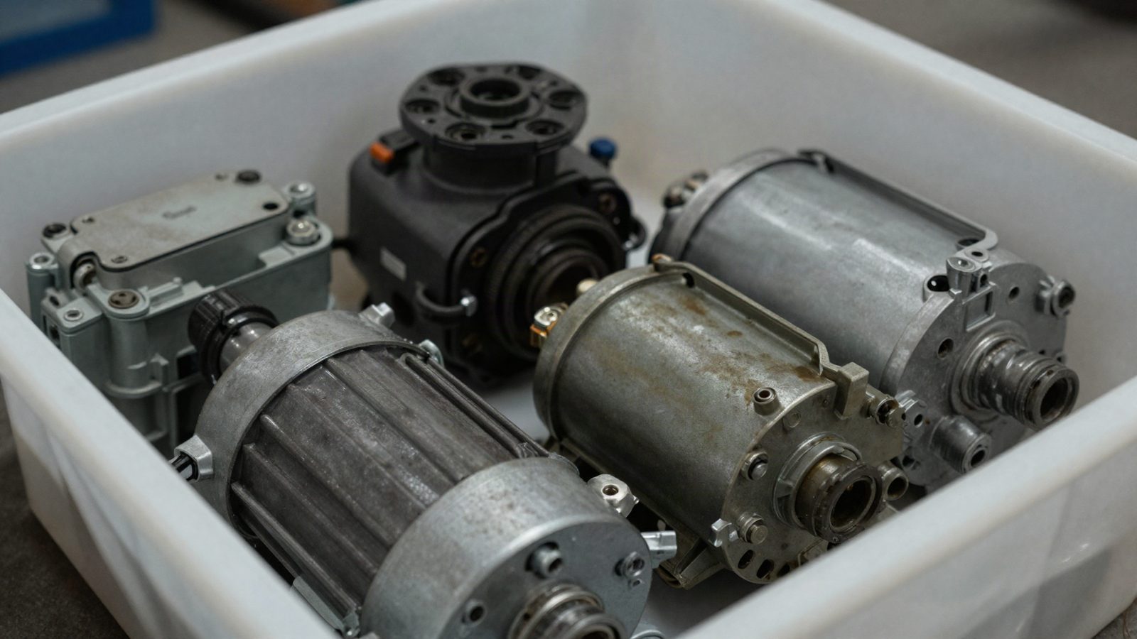 Parts bins holding motors, valves and small components