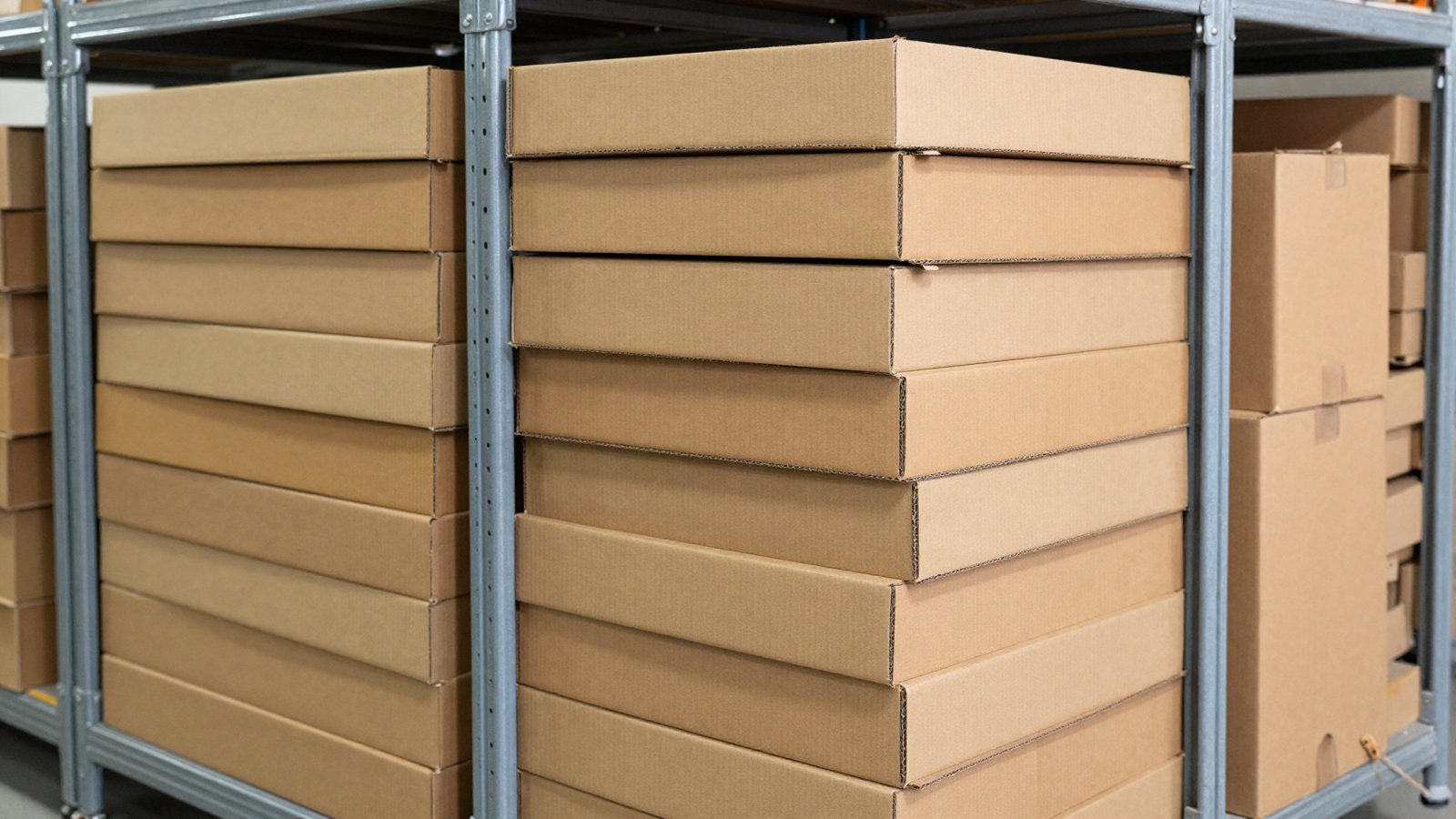 Stacked parts boxes on steel racking in a store room