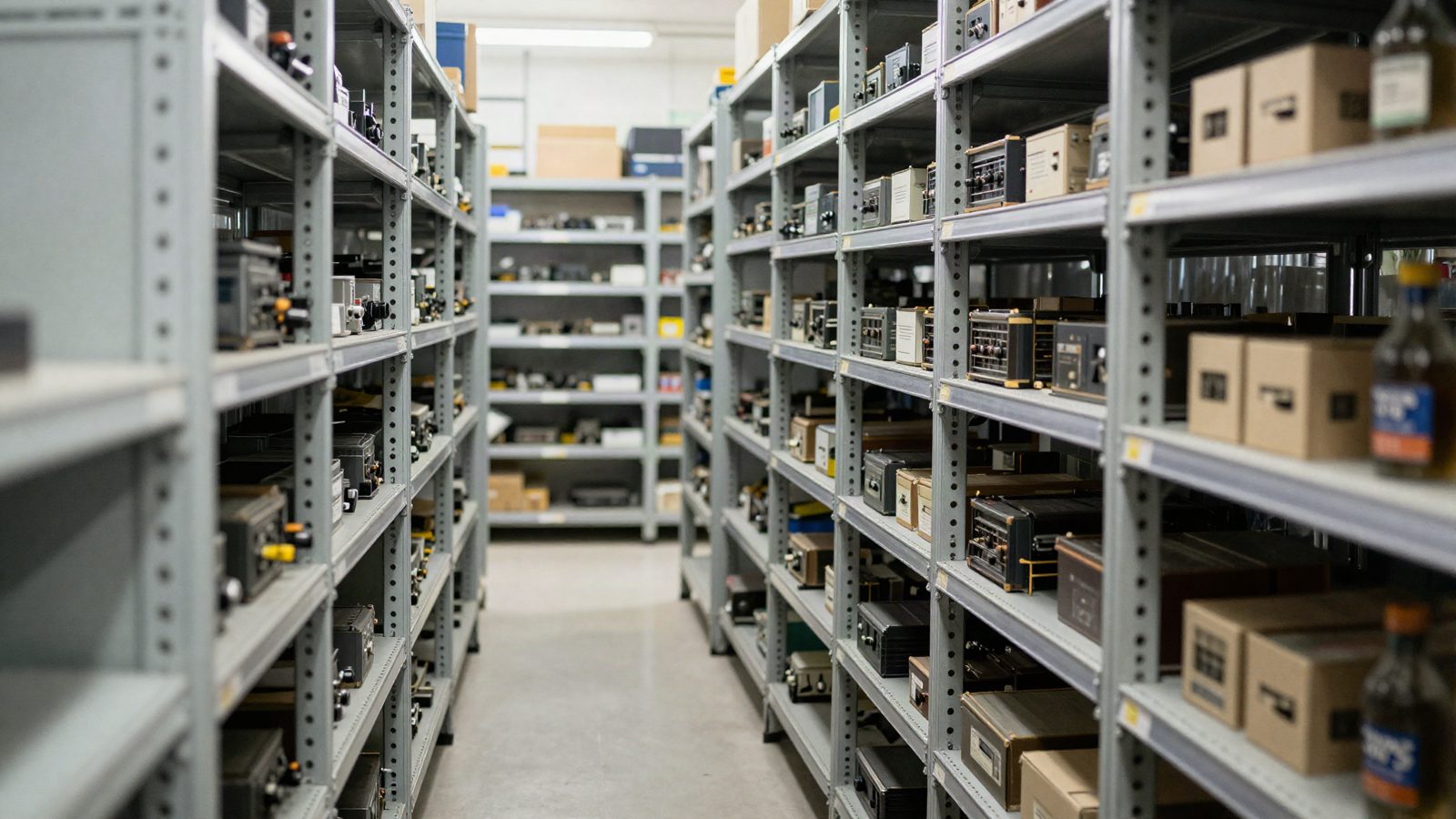 The aisle between two rows of parts racking