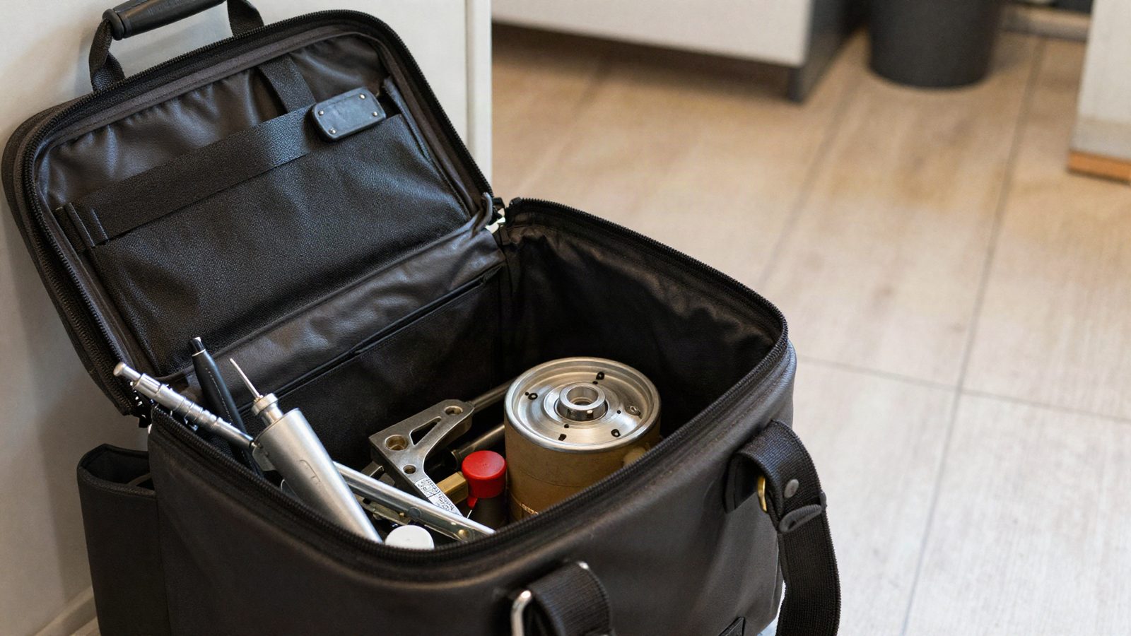 A technician's tool bag open on the floor beside equipment