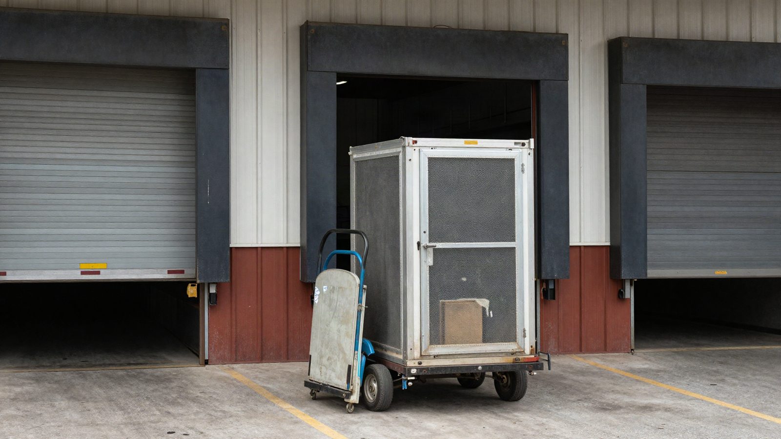 A parts delivery on a hand truck at a loading dock