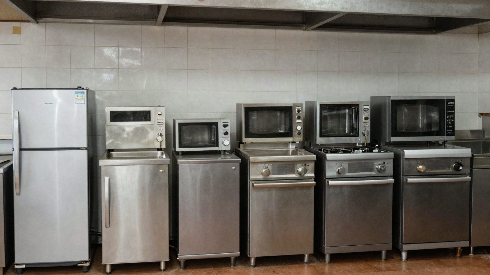 A row of commercial kitchen equipment along a tiled wall