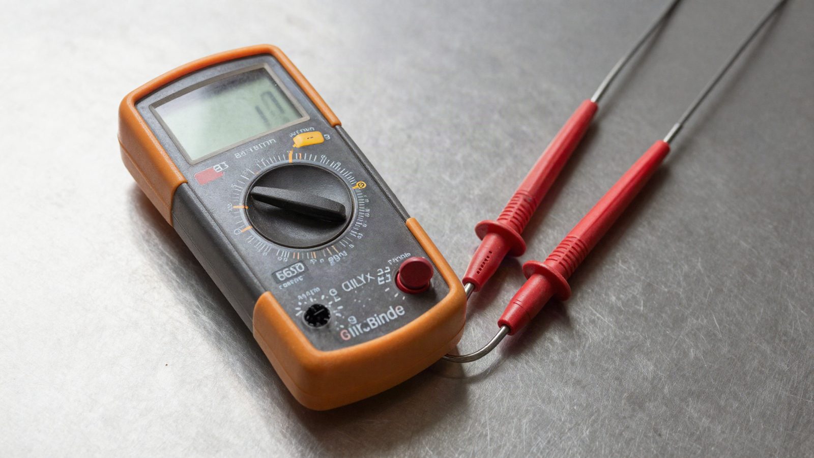 A multimeter with its probes resting on a work surface