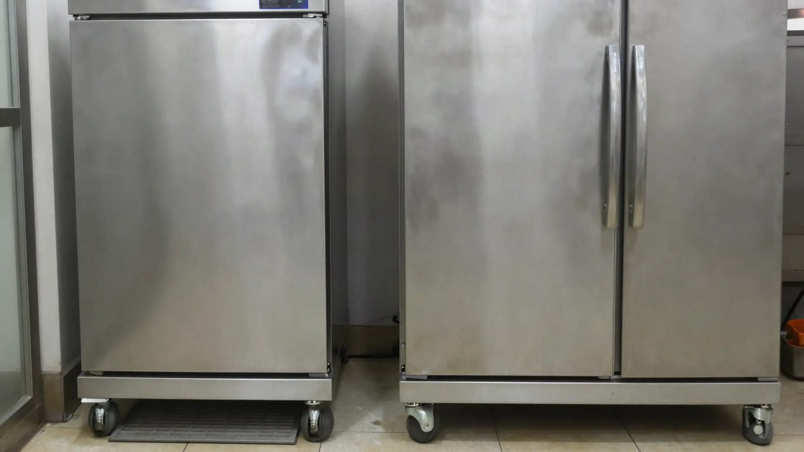 Two stainless commercial reach-in refrigerators in a back corridor