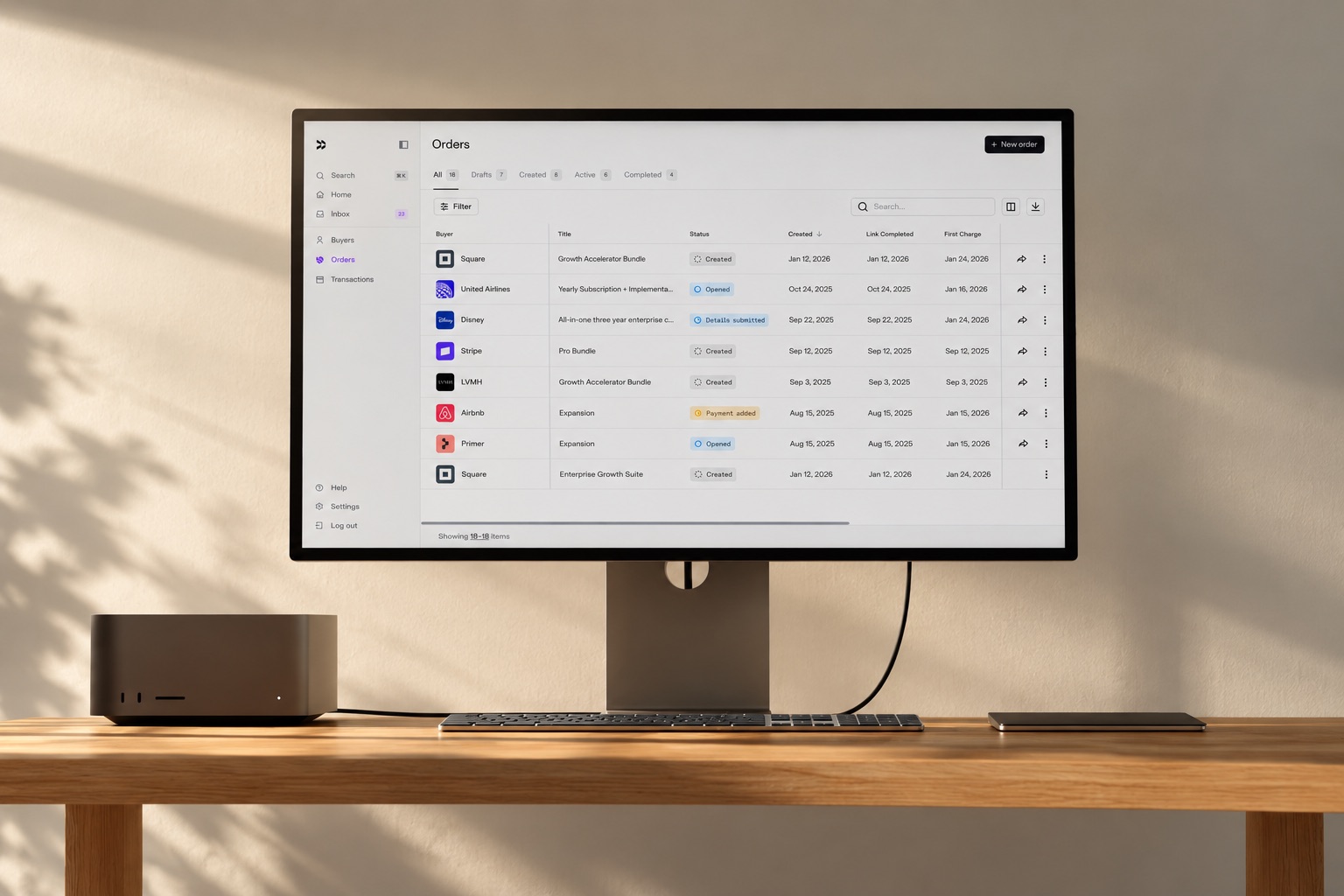 Capchase Orders dashboard on a desktop monitor