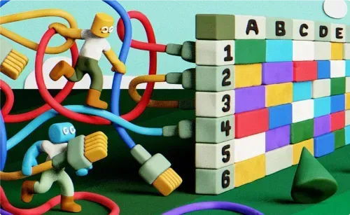Clay branded illustration made out of 3D clay objects showing whimsical operators connecting cables to 3D Clay table