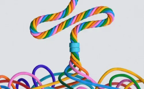 Clay branded illustration of a messy tangle of 3D, colourful strings made out of clay being untangled into one, colourful, twisted string