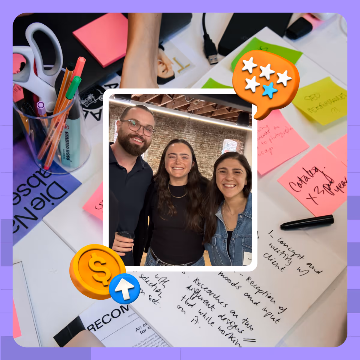 Clay team graphic from a workshop featuring sticky notes and participants