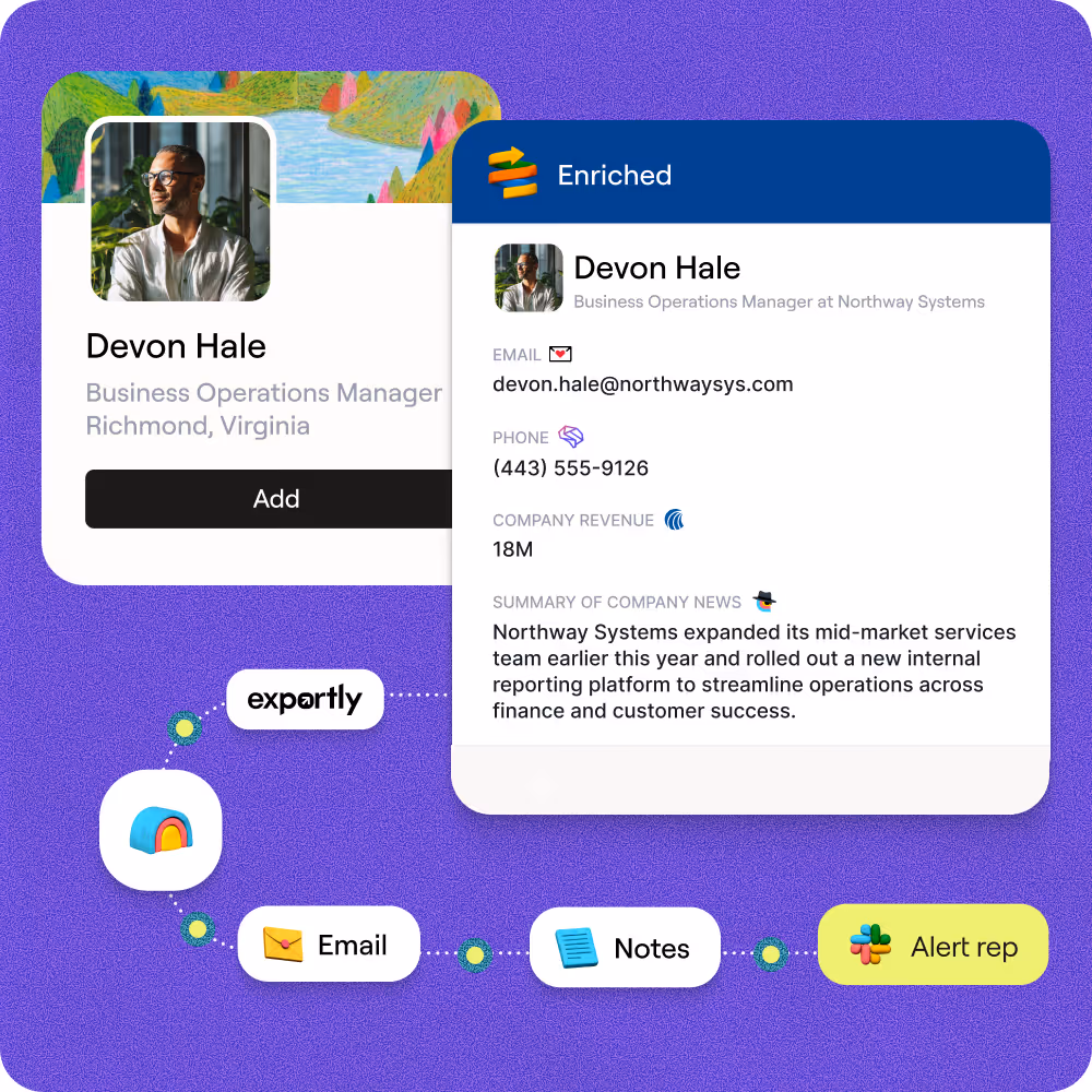 Profile of Devon Hale, Business Operations Manager in Richmond, Virginia, with enriched contact details including email, phone, company revenue, and summary news, linked to apps for expert insights, email, notes, and alert rep.