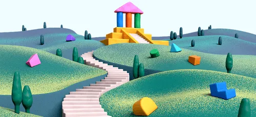 Colorful geometric shapes on green hills with a pastel temple on the top hill and a winding white staircase.