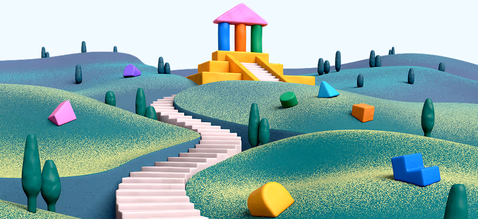 Colorful geometric shapes on green hills with a pastel temple on the top hill and a winding white staircase.
