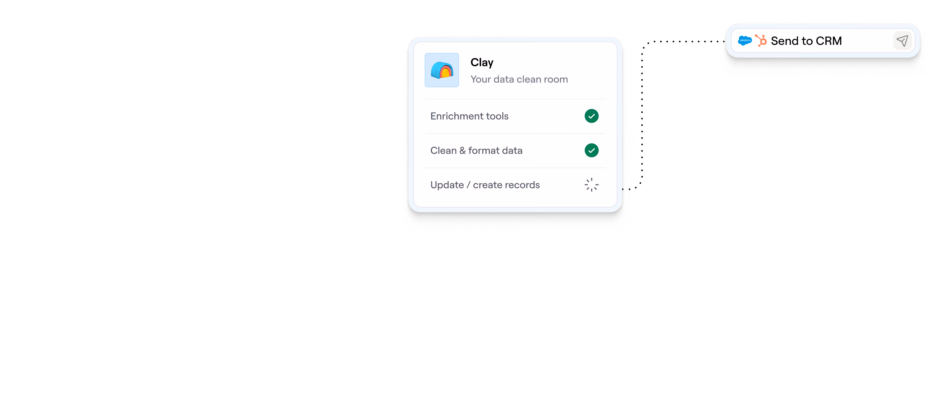 Clay app interface showing data enrichment, cleaning, and record updating sent to CRM integration.