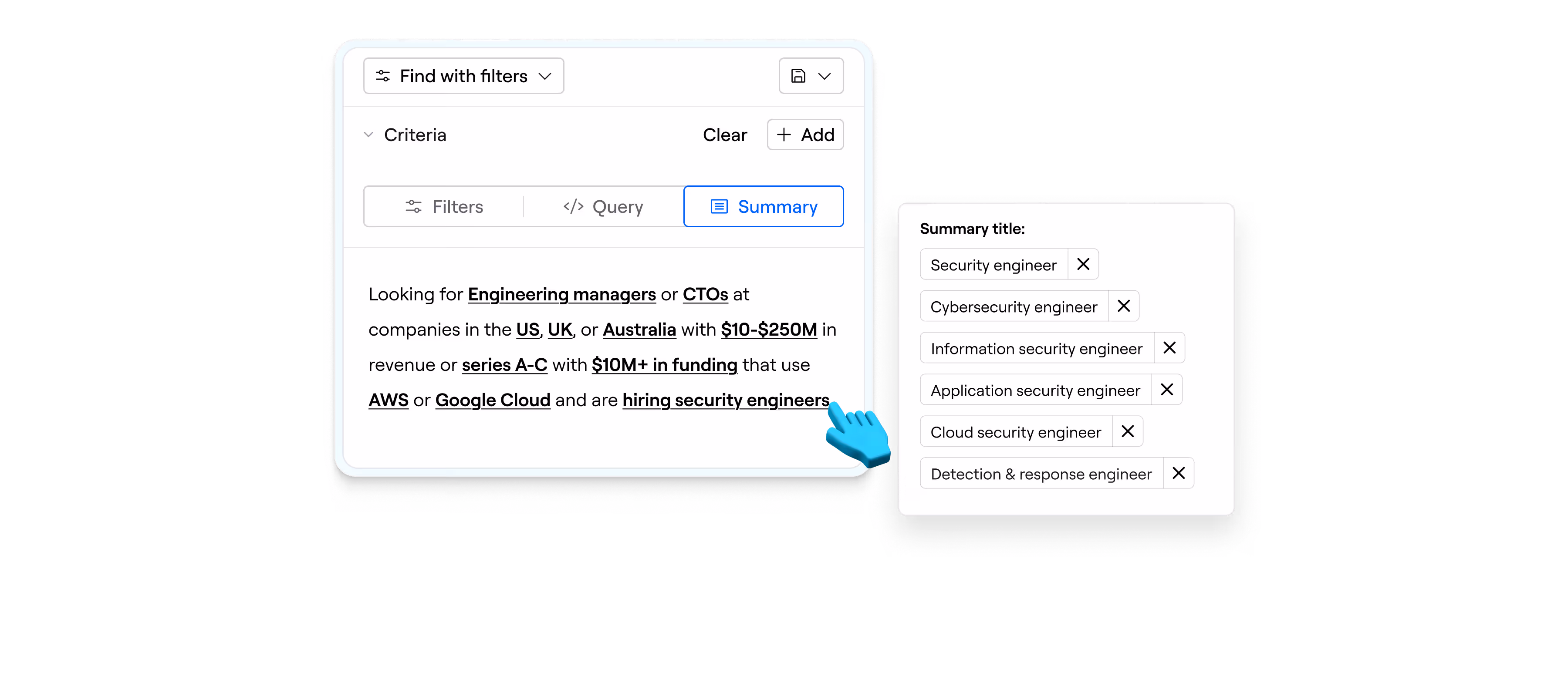 Job search filters targeting engineering managers or CTOs at US, UK, Australia firms hiring security engineers.