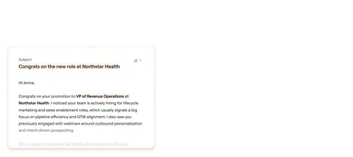 Email congratulating Jenna on promotion to VP of Revenue Operations at Northstar Health and hiring updates.