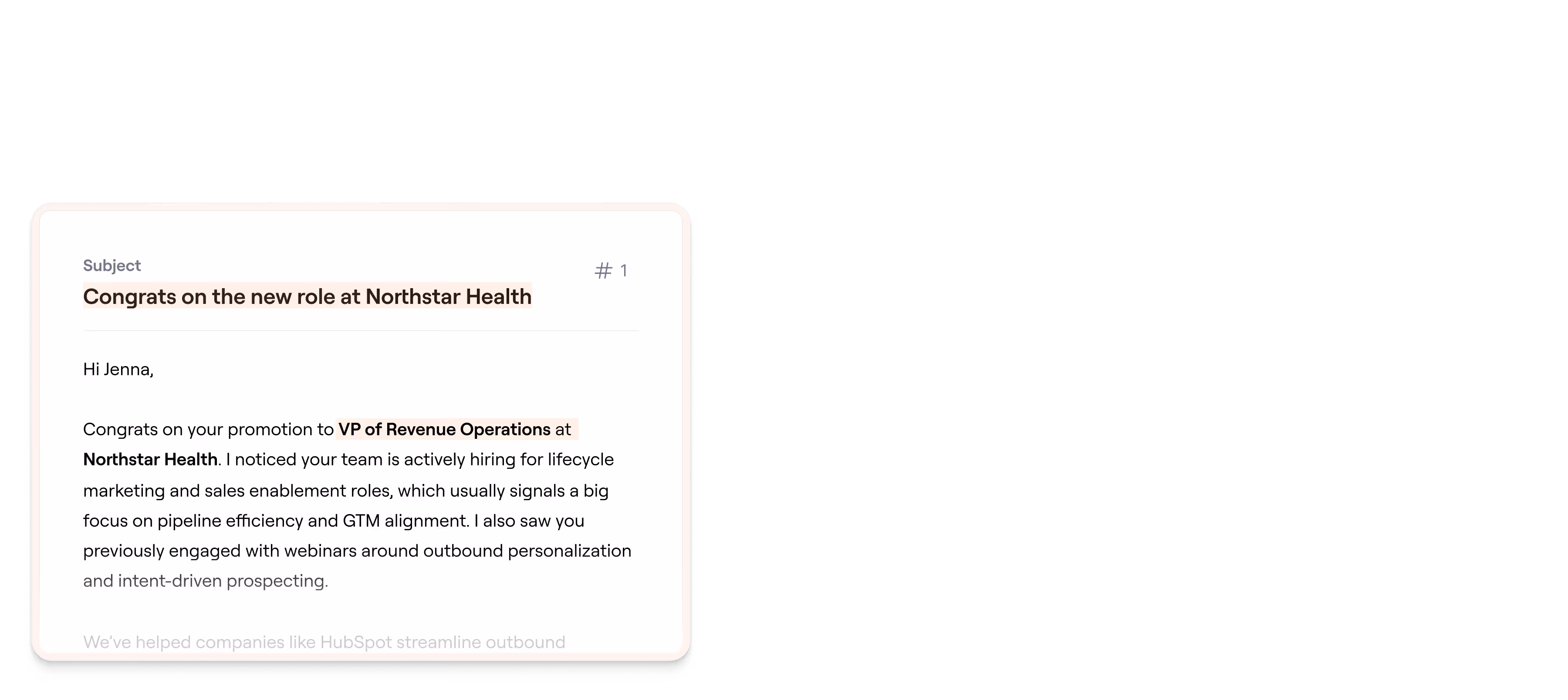 Email congratulating Jenna on promotion to VP of Revenue Operations at Northstar Health and hiring updates.