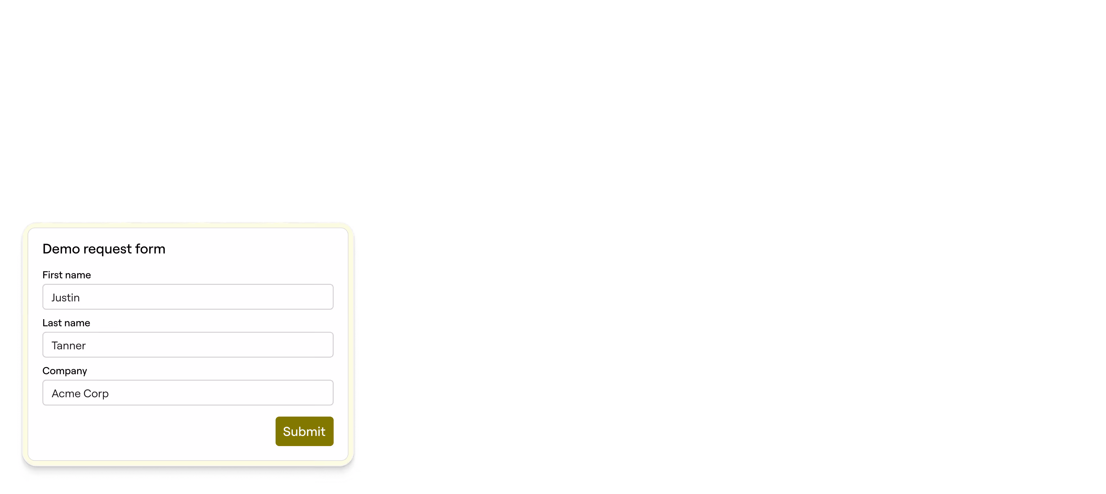 Demo request form with filled fields: First name Justin, Last name Tanner, Company Acme Corp, and Submit button.