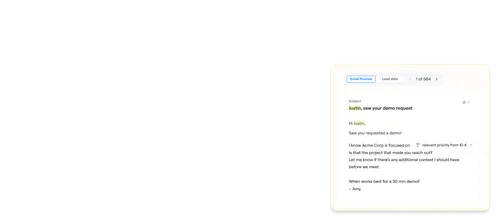 Email preview showing a message to Justin about a demo request and scheduling a 30-minute demo with Amy.