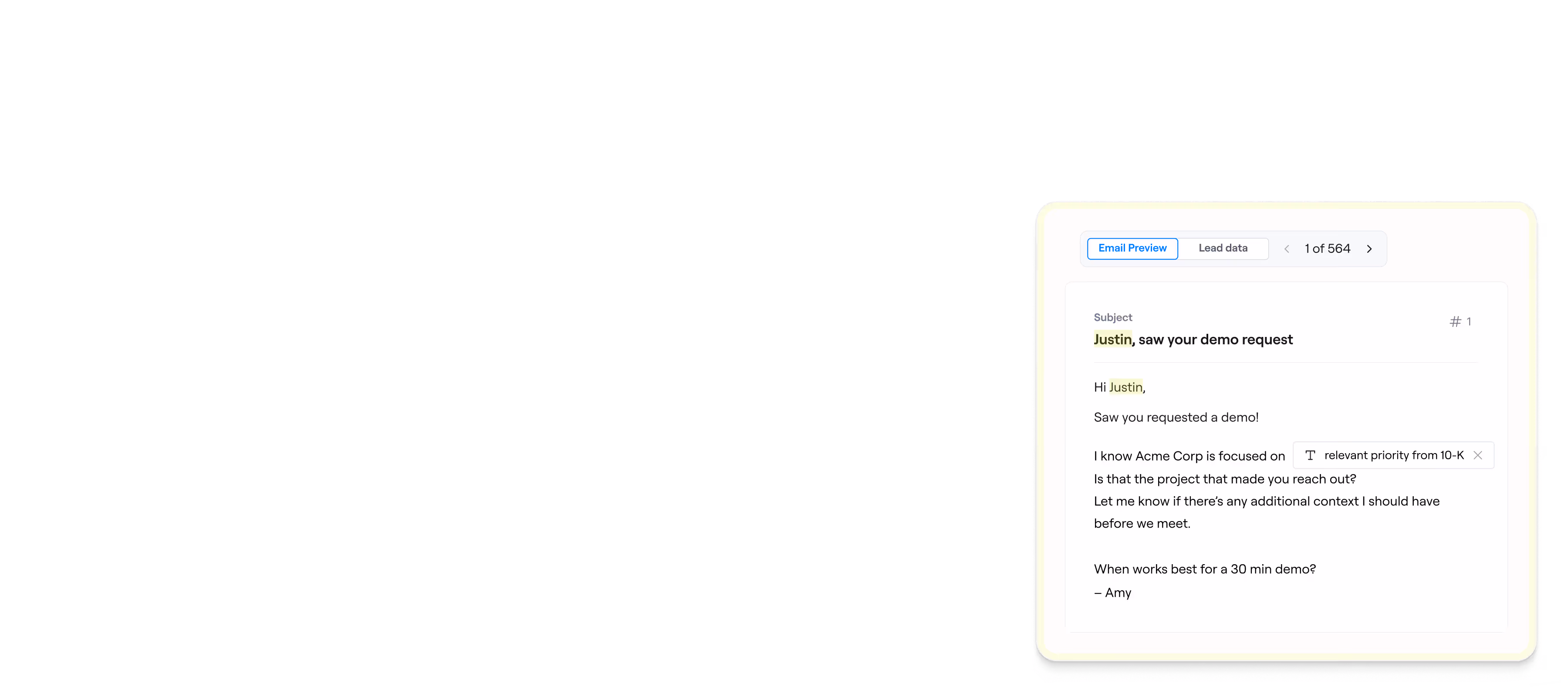 Email preview showing a message to Justin about a demo request and scheduling a 30-minute demo with Amy.