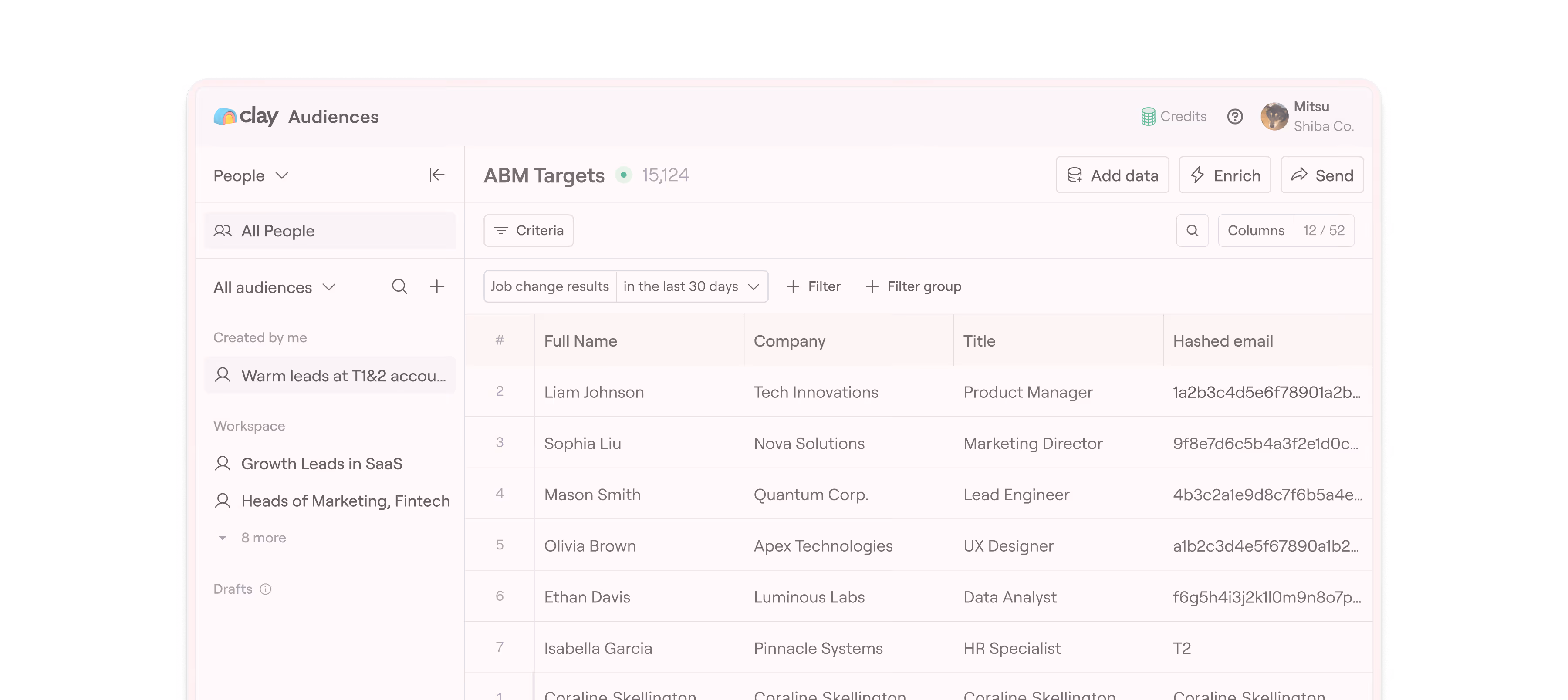Dashboard showing ABM Targets with full names, companies, job titles, and hashed emails of contacts.