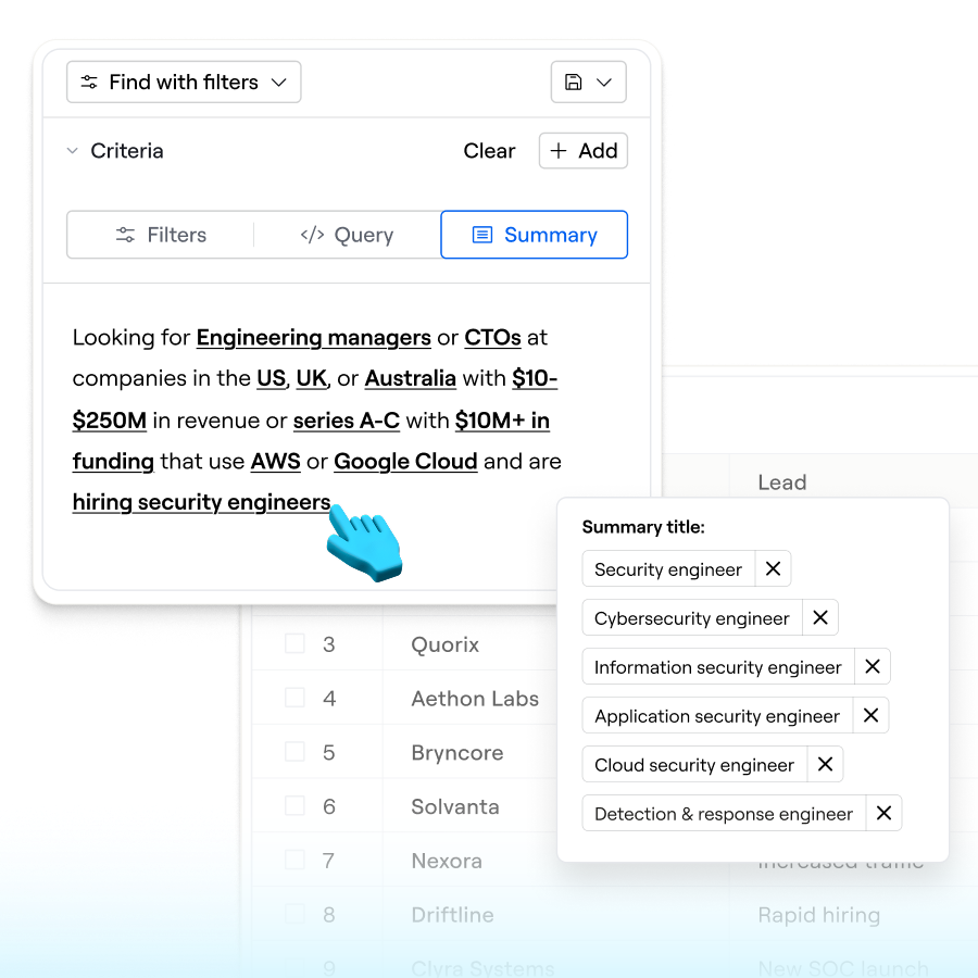 Filter interface specifying search for engineering managers or CTOs hiring security engineers using AWS or Google Cloud.