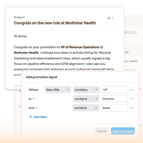 Email congratulating Jenna on promotion to VP of Revenue Operations at Northstar Health with promotion signal filter UI.