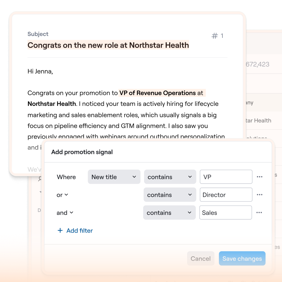 Email congratulating Jenna on promotion to VP of Revenue Operations at Northstar Health with promotion signal filter UI.