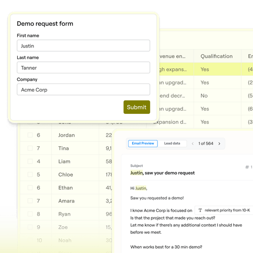 Demo request form with fields for first name, last name, company, and a submit button over data and email preview.