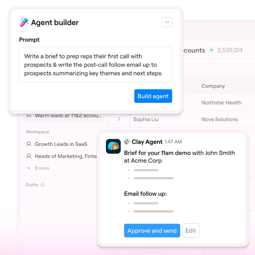 User interface for building an agent to prep reps' first call and email follow up summarizing key themes and steps.