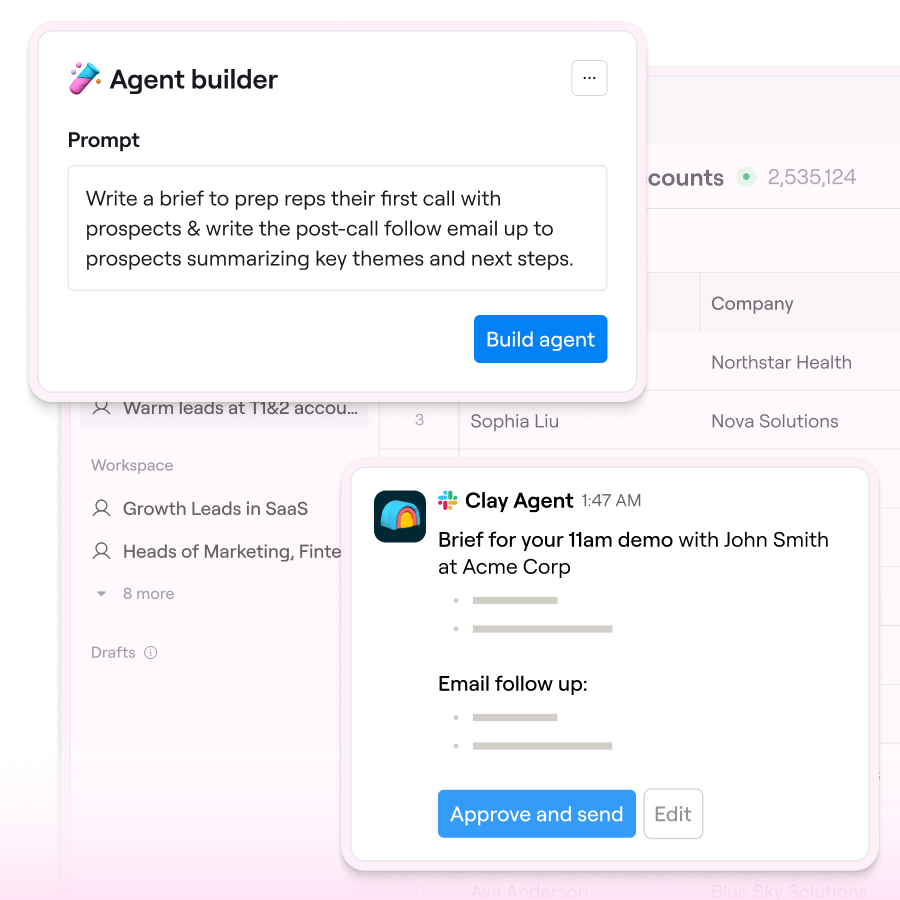 User interface for building an agent to prep reps' first call and email follow up summarizing key themes and steps.