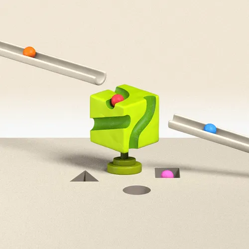Green puzzle cube with paths fitting colored balls near matching shape holes and ramps with balls.