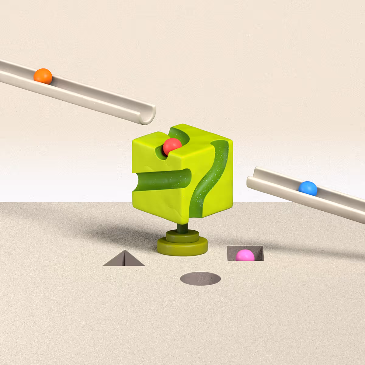 Green puzzle cube with paths fitting colored balls near matching shape holes and ramps with balls.