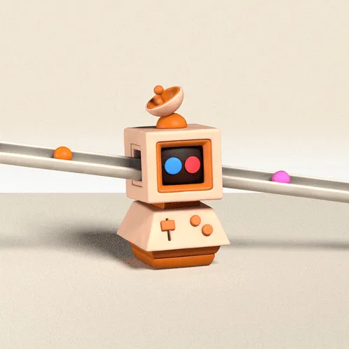 Small retro robot with a square head, blue and red eyes, and an orange satellite dish on top.