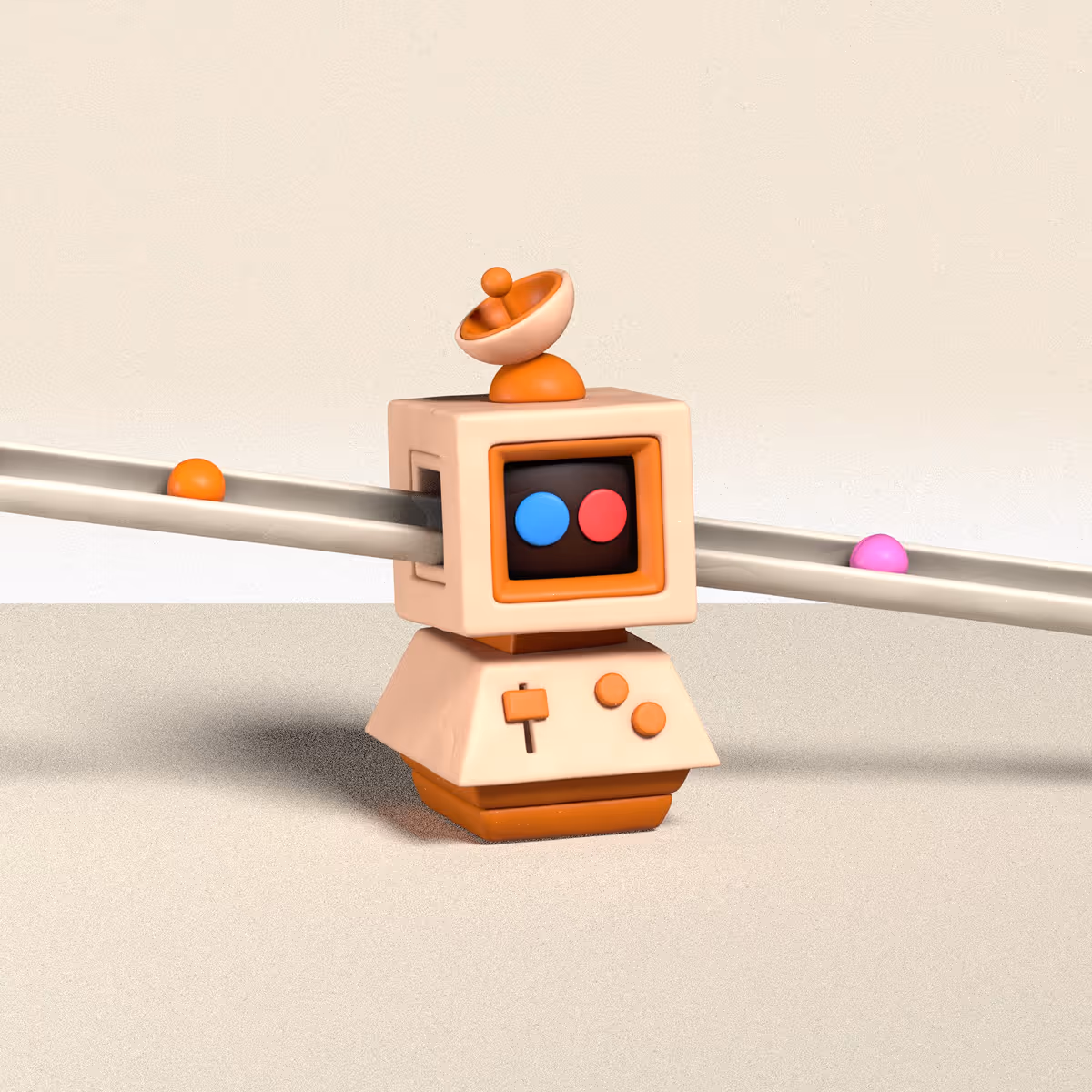 Small retro robot with a square head, blue and red eyes, and an orange satellite dish on top.