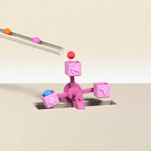Pink mechanical lever with cubes showing bell, megaphone, and paper plane icons catching colored balls.