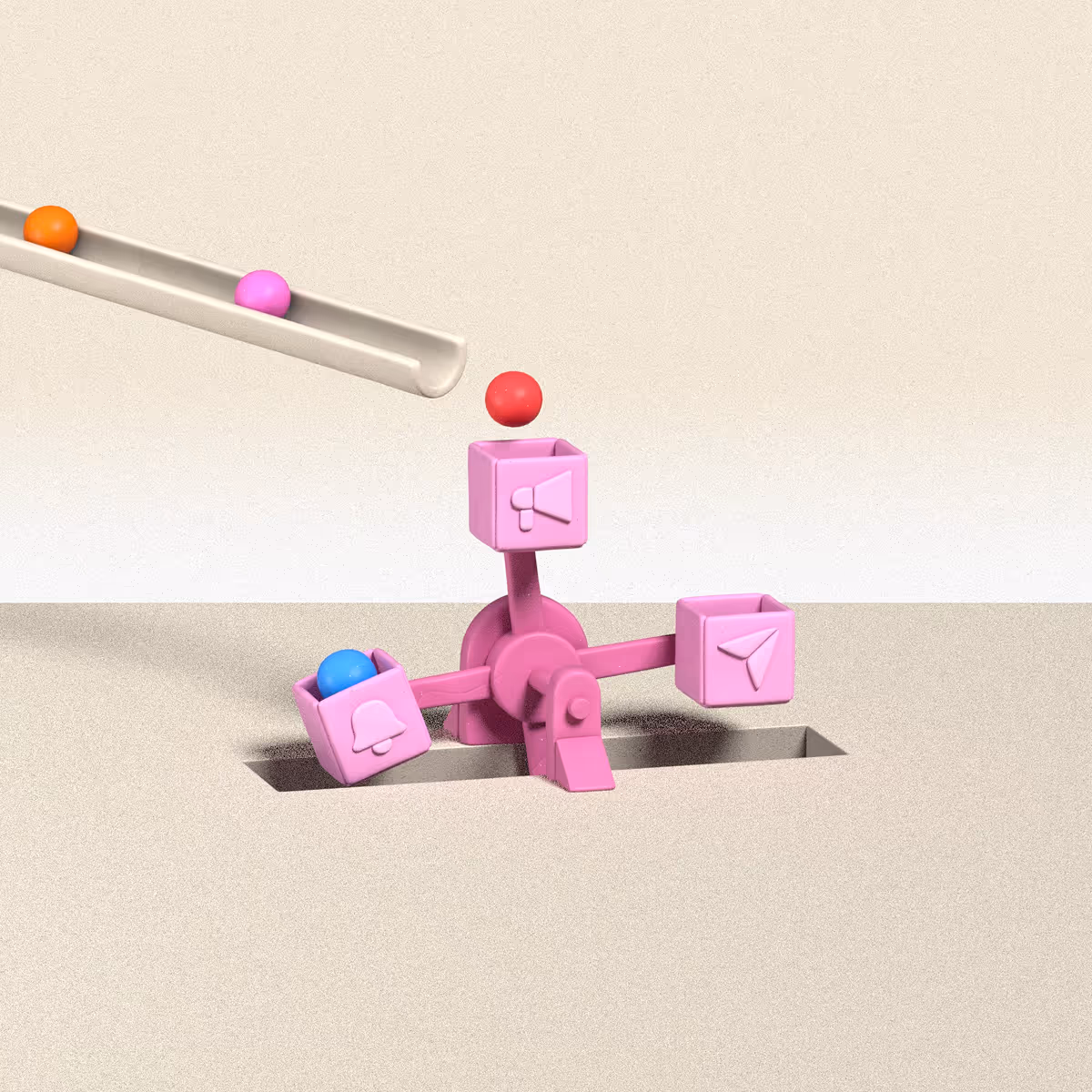 Pink mechanical lever with cubes showing bell, megaphone, and paper plane icons catching colored balls.