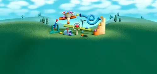 Colorful playful contraption with tubes, balls, magnets, and funnel on green hills under blue sky.