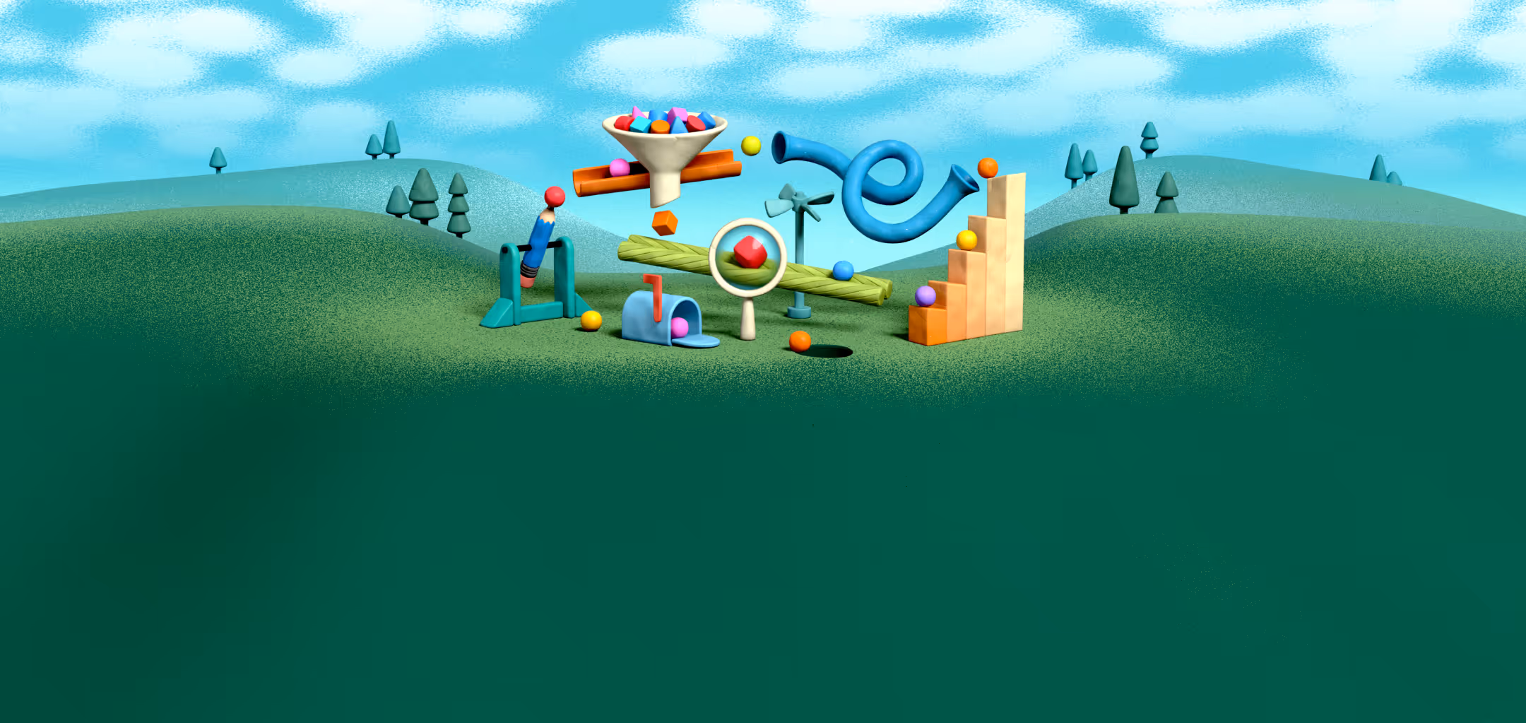 Colorful playful contraption with tubes, balls, magnets, and funnel on green hills under blue sky.