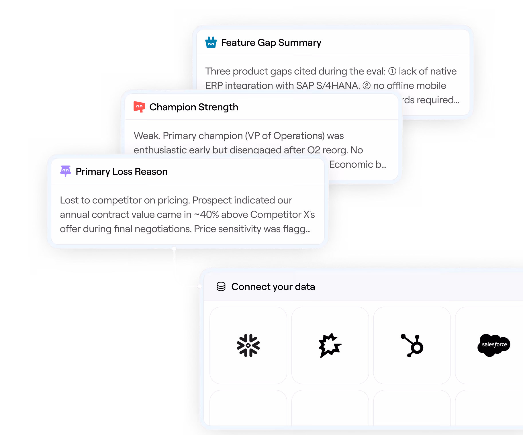 Dashboard showing summaries of feature gaps, champion strength, primary loss reason, and data connection options.