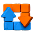 Blue arrow pointing upward and blue arrow pointing downward over orange blocks arranged in a rectangular shape.