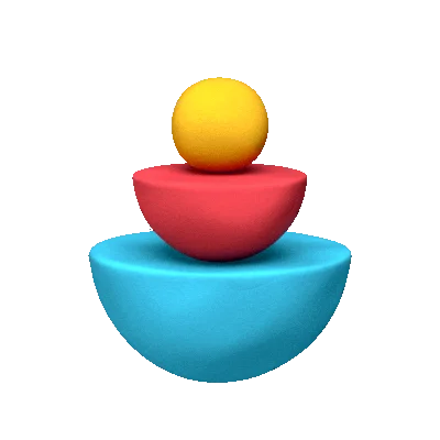 Three stacked shapes in orange, red, and blue: a small orange sphere atop a medium red half-sphere, which rests on a large blue half-sphere against a black background.