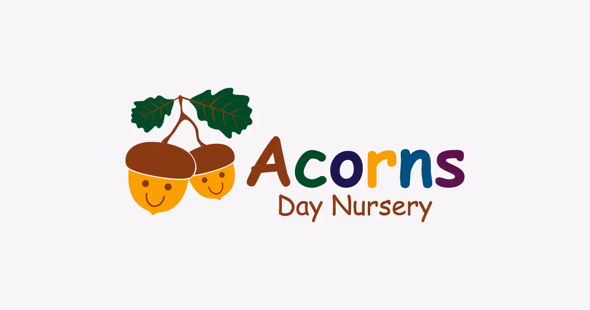 Two smiling acorns with faces and leaves above text: "Acorns Day Nursery" in colorful letters.