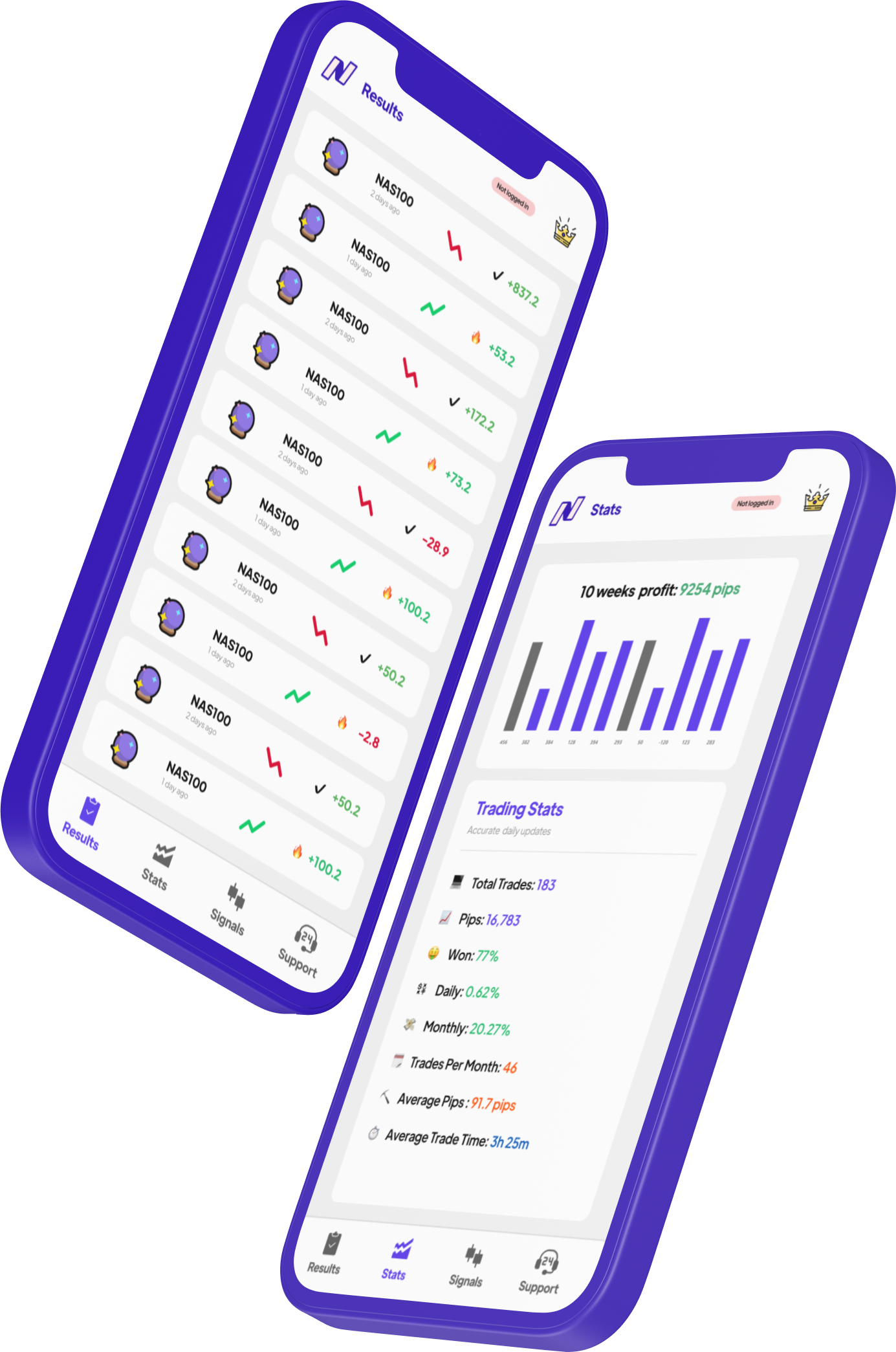 NasdaqSignals app interface showing trading dashboard